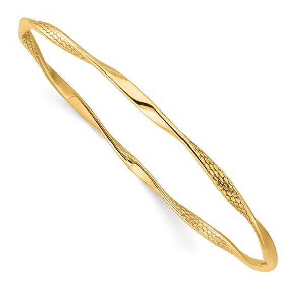 10k Yellow Gold Bracelet Bangle 21 mm in Polished Textured Twisted