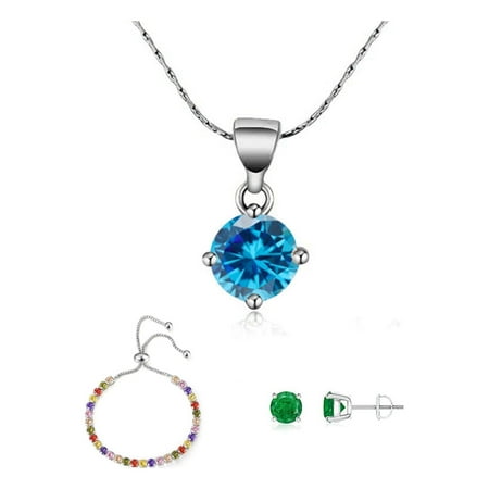 Paris Jewelry 10k White Gold 6 Ct Round Created Multi Color Set of Necklace Earrings and Bracelet Plated