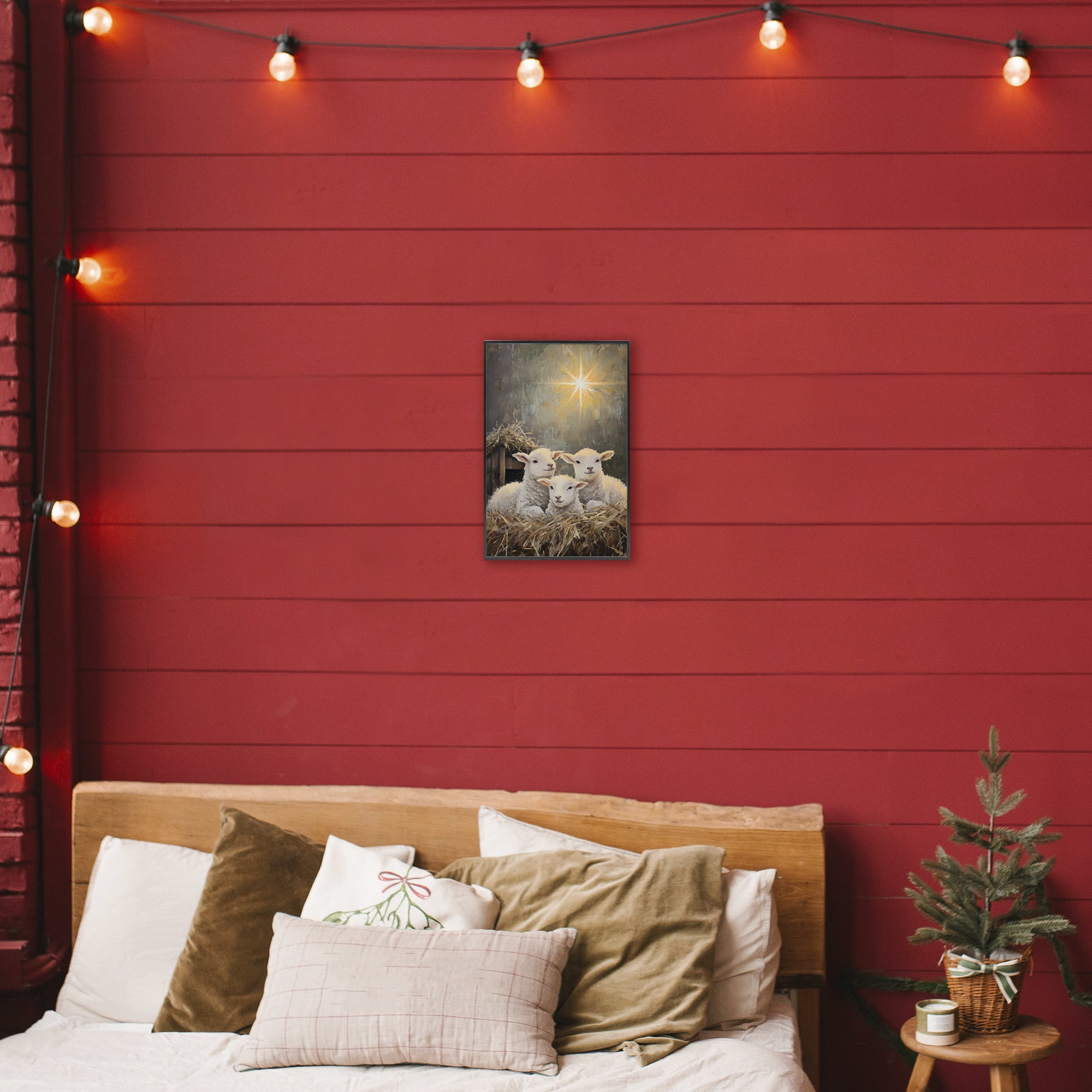 Festive Lambs in Stable Black Framed Giclee Art, design by Petal Prints Design