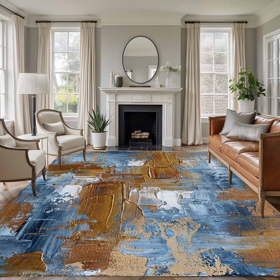 Area Rug for Living Room, Blue Brown Abstract Non-Slip Indoor Ex Large Carpet for Bedroom/Dining Room, Gradient Vintage Oil Painting Modern Art Washable Low-Profile Floor Runner Rugs - 8 x 10 Ft