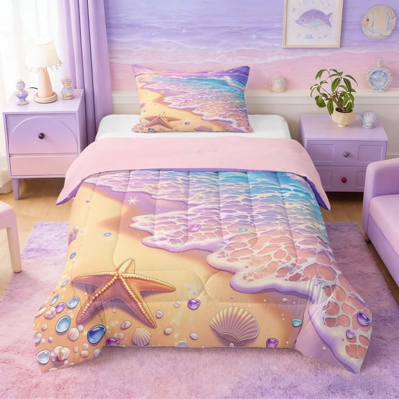 Manfei Cartoon Purple Beach Starfish Seashell Wave Twin Comforter Sets for Girls, Coastal Ocean Print Bedding Set, Pink Reversible 2pcs, 1 Comforter and 1 Pillowcase