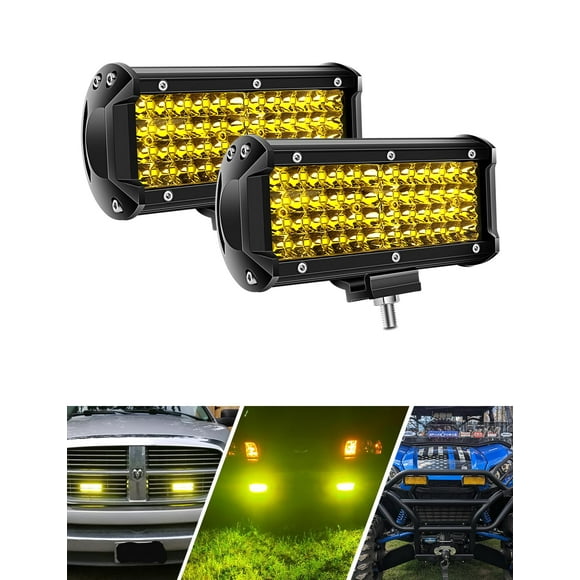 Amber Fog Lights 7 Inch 2PCS Yellow 144W Led Light Bar Spot Beam LED Light Bar for Truck 11,520 LM Quad Row Led Work Light Compatible with Jeep Trucks ATV UTV SUV Boat Marine, 1 Year Warranty