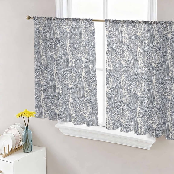 Sheer Curtains 45 Inch Length 2 Panels Set for Kitchen, Paisley Semi Sheer Curtains for Windows, Vintage Mediterranean Abstract Texture Gray Blue Voile Window Treatments Rod Pocket Curtain