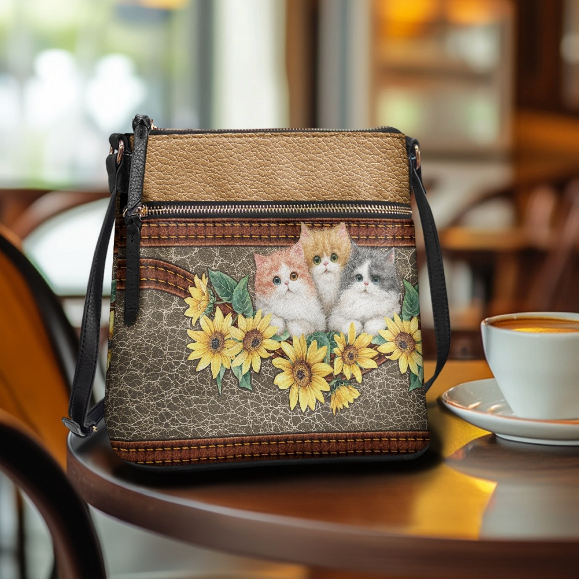 Kuiaobaty Cat Sunflower Print Crossbody bag for Women, Multi Pockets Vegan Leather Sling Purse with Adjustable Strap, Medium Size Roomy Messenger Handbag Crossbody for Travel