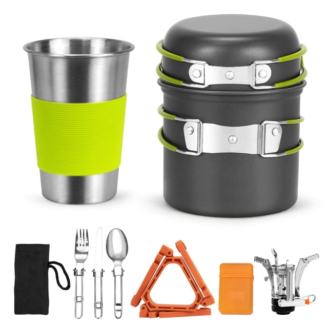 Rlrueyal Utensilios de cocina para acampar Estufa para mochileros Soporte para botes Trípode y taza para acampar de acero inoxidable, kit de cuchara y tenedor para caminatas y picnic, cocina para acam