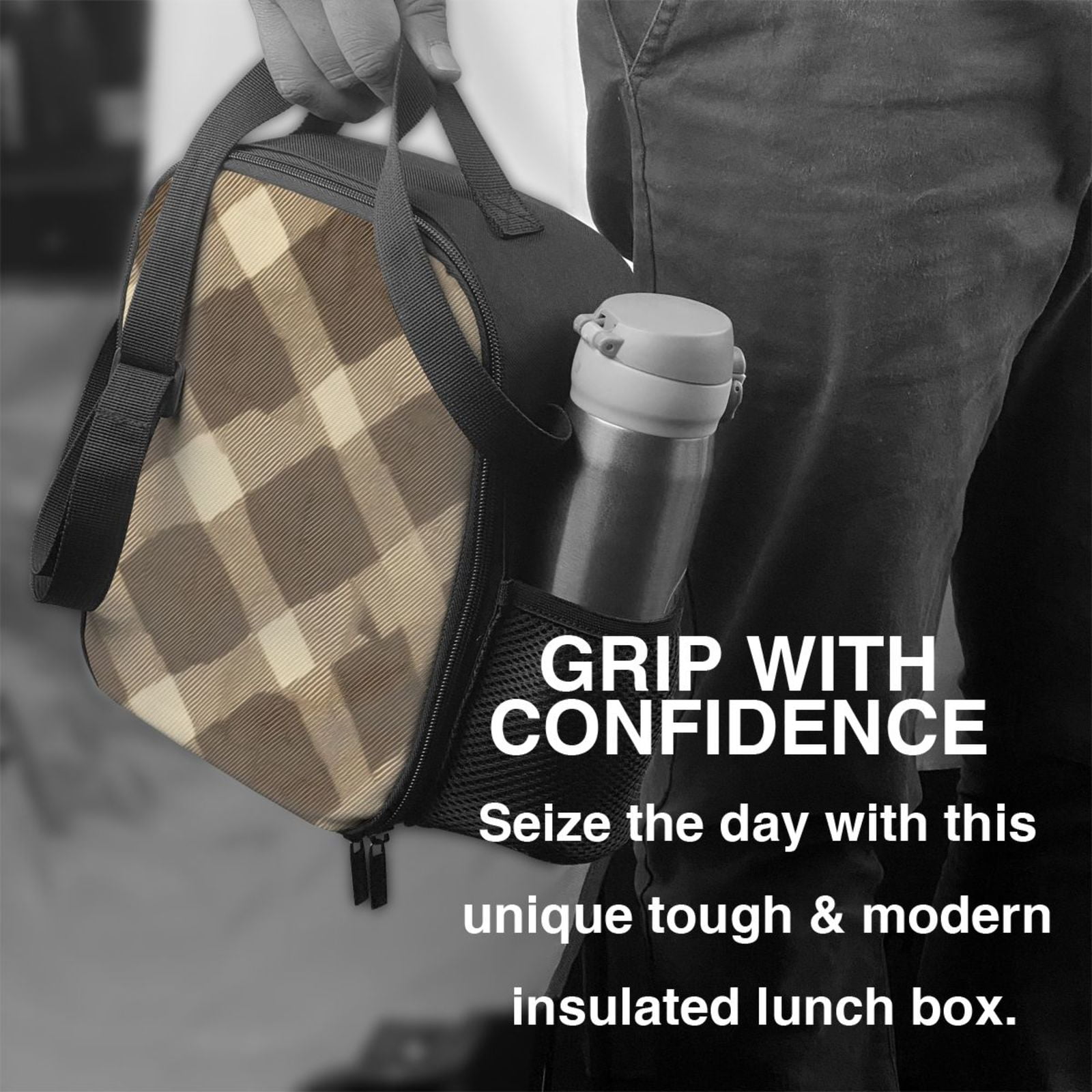 Thermal Insulation One Shoulder Portable Bento Bag Can Be Reused 8×10.5in For Carrying Drinks Bento Box Fruit Snacks Argyle Plaid Khaki_2