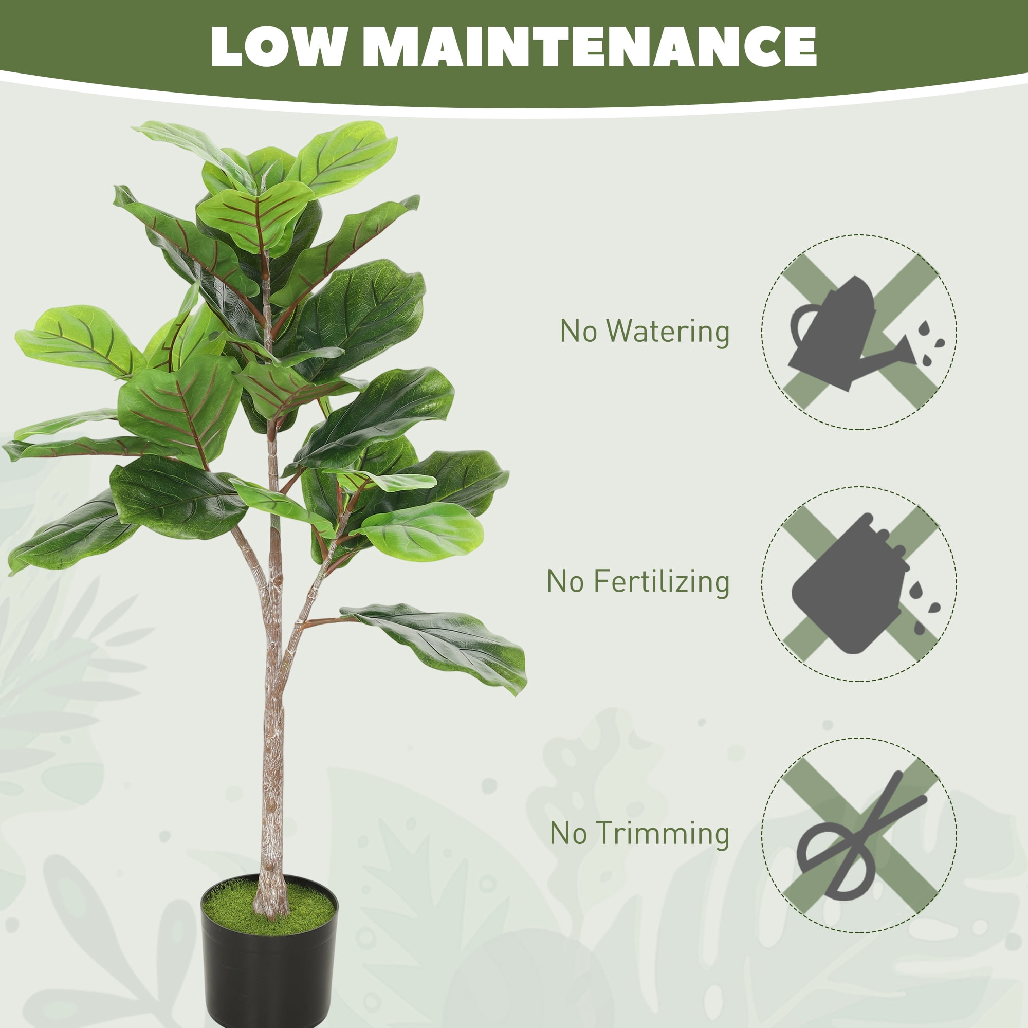 HOMCOM Fake Plant, Artificial Fiddle Leaf Fig Tree, Potted Plant with 28 PEVA Leaves and Flocked Soil, Green