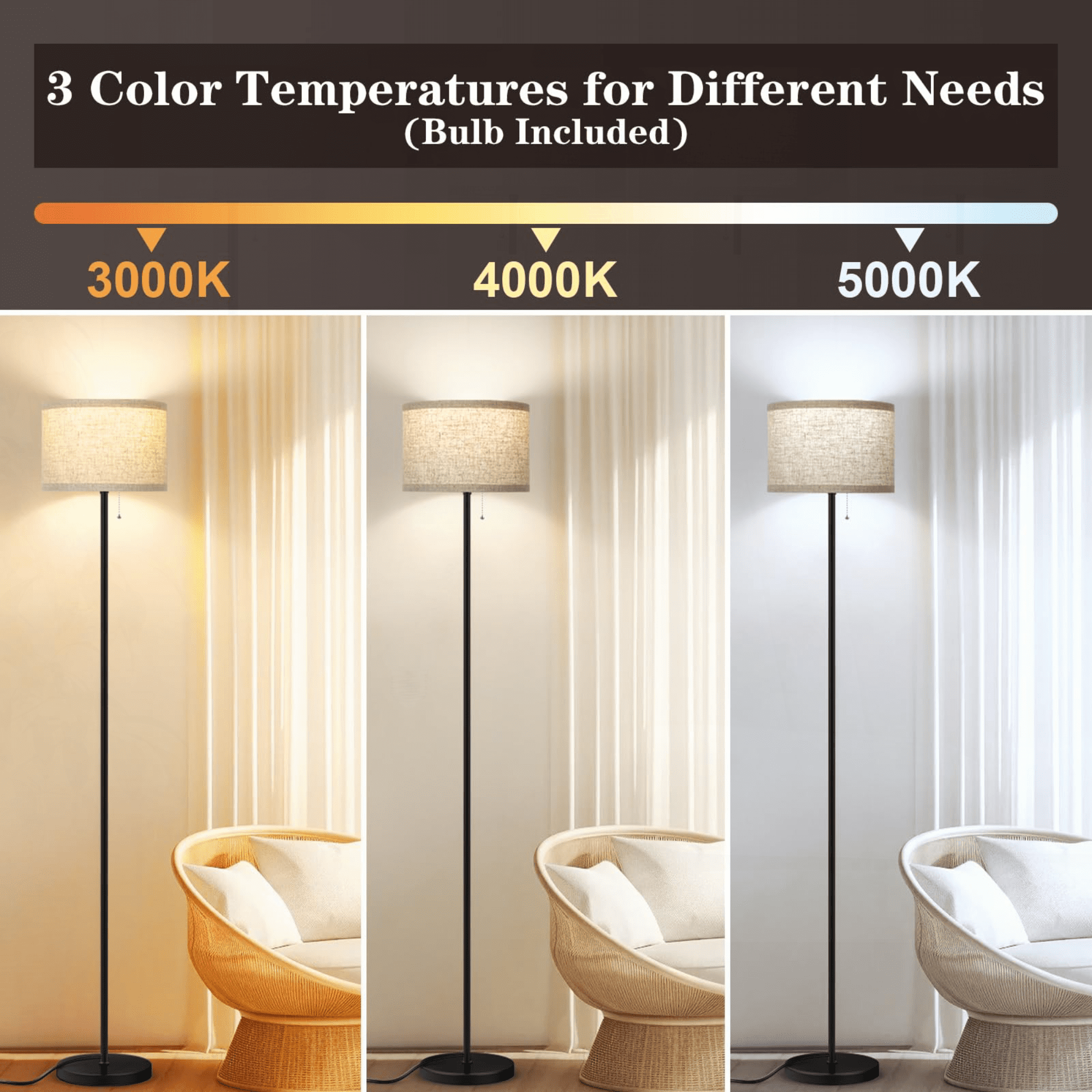 HadinEEon Floor Lamp for Living Room, Modern Standing Lamp Tall with Pull Chain Switch