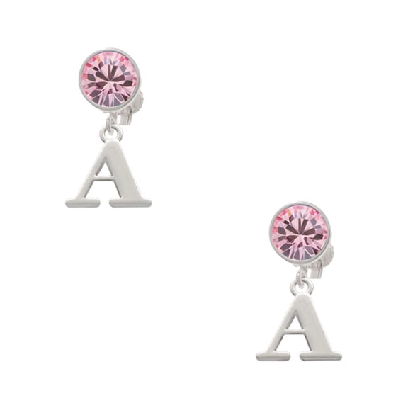 Delight Jewelry Silvertone Large Initial - A - Pink Crystal Clip on Earrings