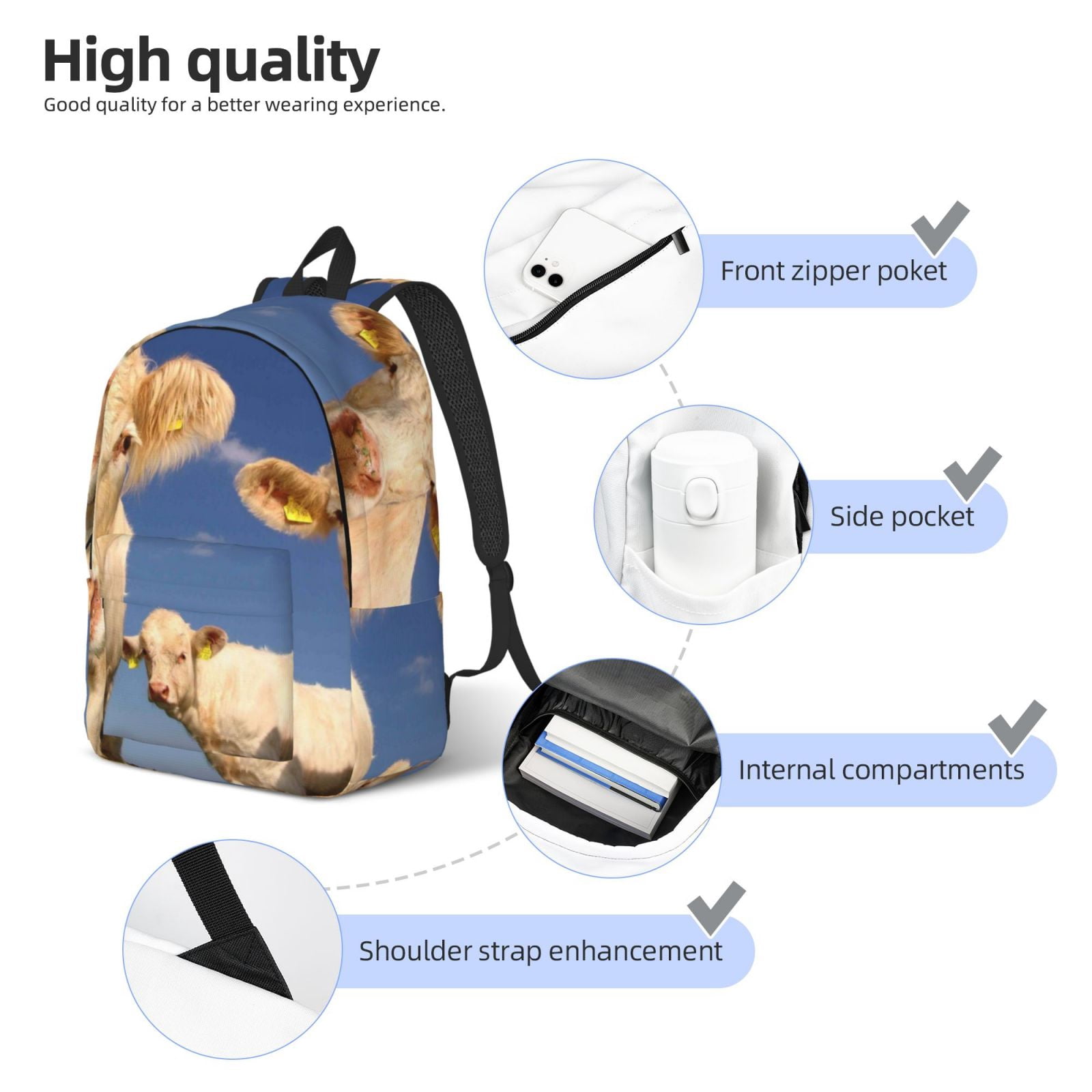 Kuqiui Cows Cattles Print Canvas Travel Laptop Backpack for Men Women,Business Work Rucksack College School Computer Bag Fits 15.6 Inch Notebook