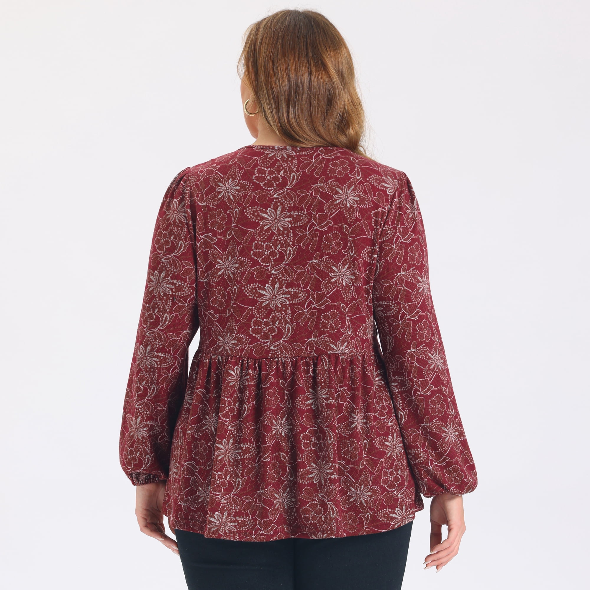 DARING DIVA Women's Plus Babydoll V Neck Lantern Sleeve Blouses 2X Dark Red