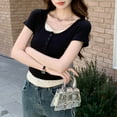 thumbnail image 4 of Wyobmus Womens Short Sleeve T Shirt Y2K Mock 2 Piece Lace Patchwork Henley Shirts Button Down Scoop Neck Slim Fit Tops Ribbed Knit Tee Tops Black, 4 of 9