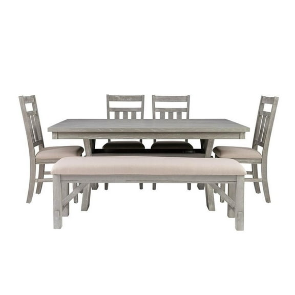 Pemberly Row 6-Piece Wood Dining Set Padded Seats & Bench in Weathered Gray/Tan