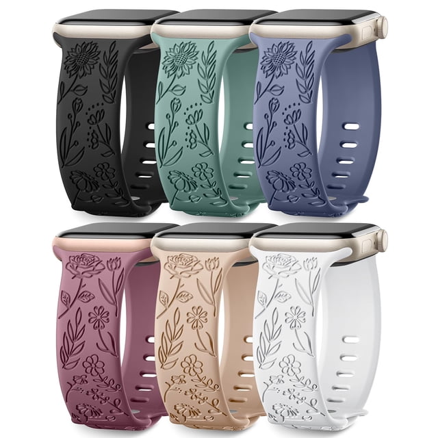 Correa de reloj deportiva SNBLK de silicona grabada con estampado floral, paquete de 6 unidades, 38-49 mm