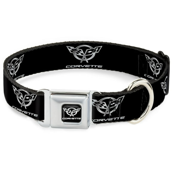 GM General Motors Pet Collar, Dog Collar Metal Seatbelt Buckle, Corvette Black Silver Repeat, 11 to 16.5 Inches 1.0 Inch Wide