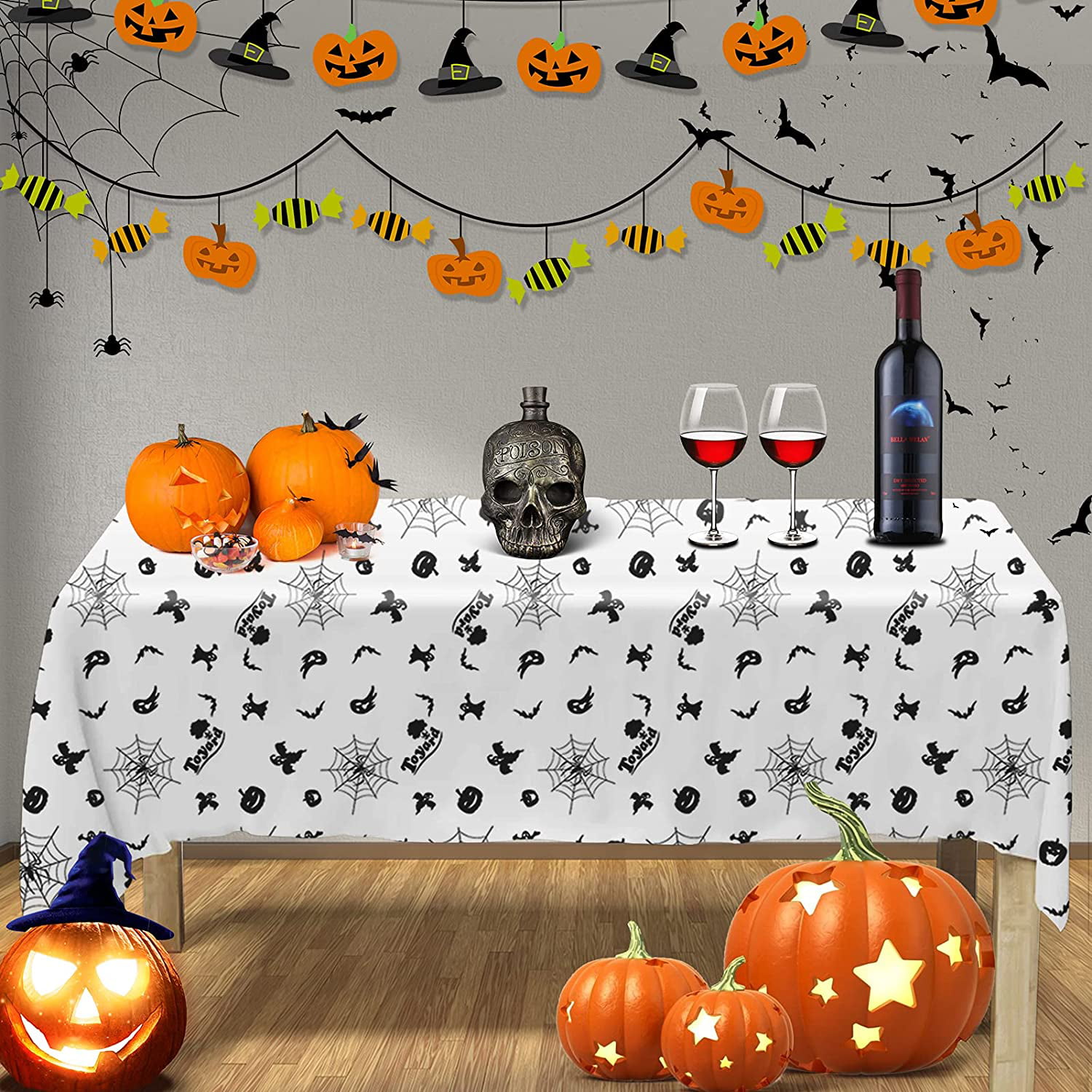 1 Set Halloween Table Skirt Tablecloth Decoration Table Skirt with Pumpkin Bat Stars Banners Halloween Party Decorations Orange Black