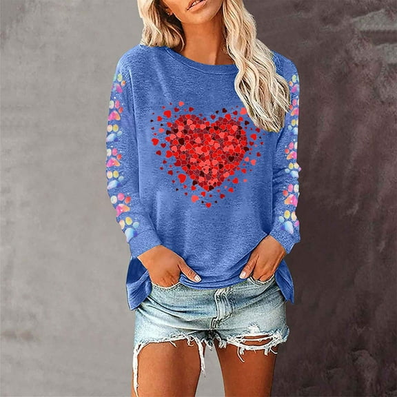 QUNYINEY Long Sleeve Women Shirts Valentine's Day Casual Crew Neck Blue Tops Loose Drop Shoulder Love Heart Pullover T-Shirts Tops for Women