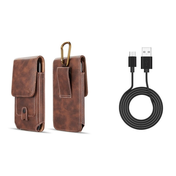 Bemz Accessory Bundle for Alcatel TETRA - Vertical Belt Holster Carrying Case with Card Slots (Brown) with Durable Fast Charge/Sync Micro USB Charger Cable (3.3 Feet) and Atom Cloth