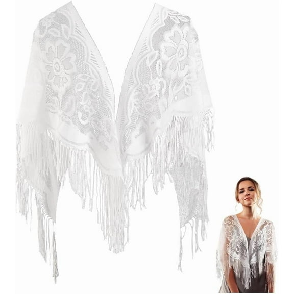 White Floral Lace Shawl Wrap Tassel Fringe Triangle Lace Shawls and Wraps Flower Pattern Hollow Solid Mesh Soft Summer Scarf for Women Formal Wedding Party Bridal Evening Dress Accessories White