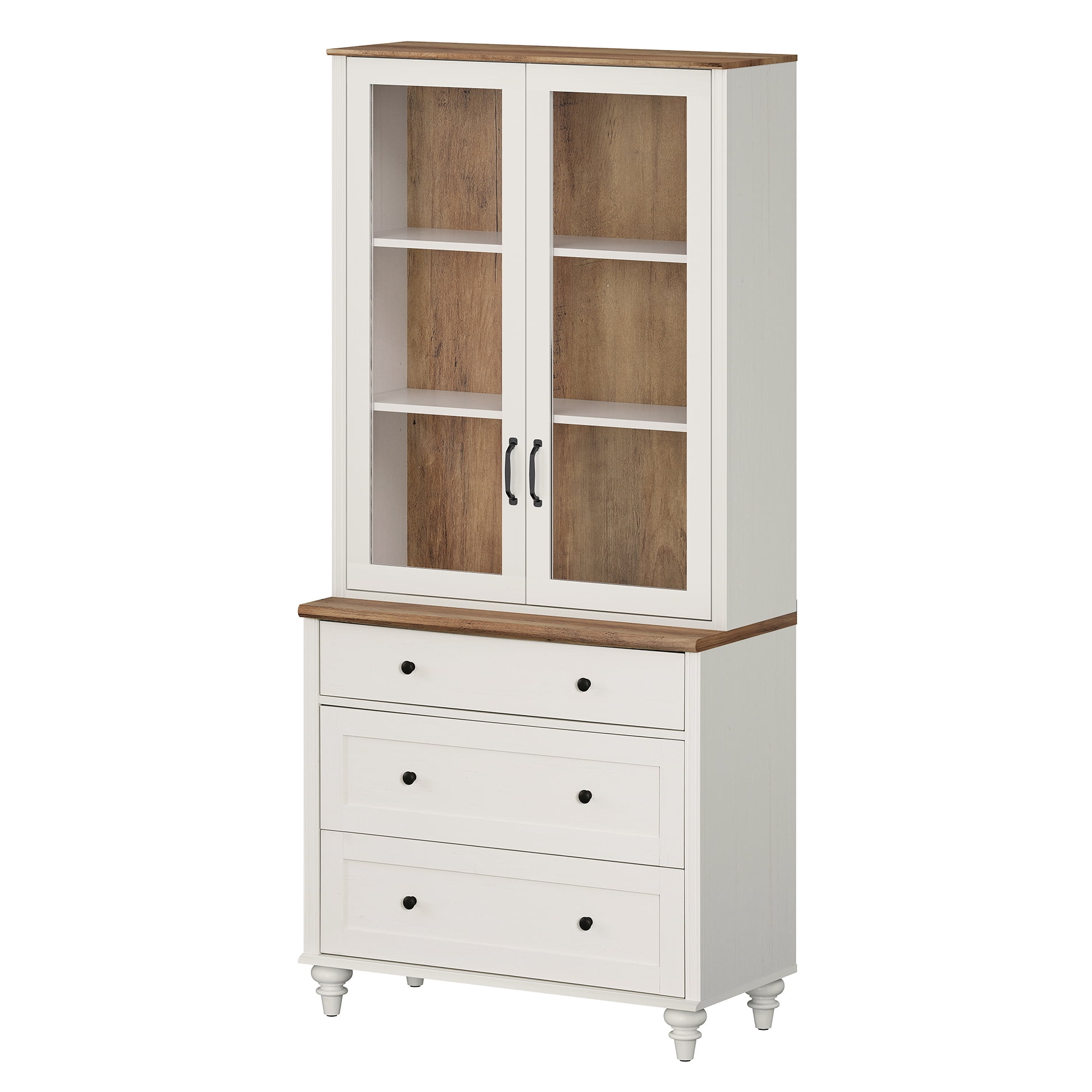 White 5-Tier Bookcase with Glass Doors, Bookshelf with 3 Drawers, Farmhouse Library Wooden Bookshelves for Living Room, Office, Kitchen