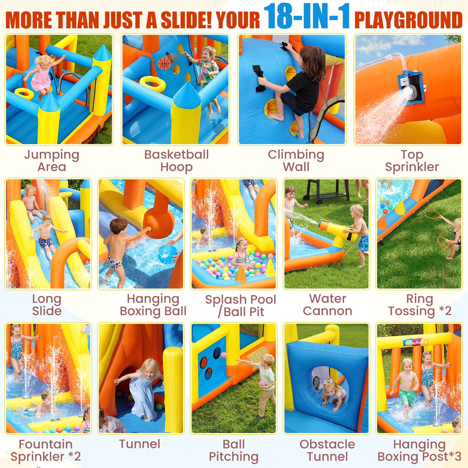 Veeboto Bounce House with 550W Blower, Inflatable Water Slide with Bounce Area, Slide, Pool, Basketball Hoop, Obstacle Poles, Ball Net, Water Cannon, Indoor & Outdoor Bounce Castle for Ages 3-12