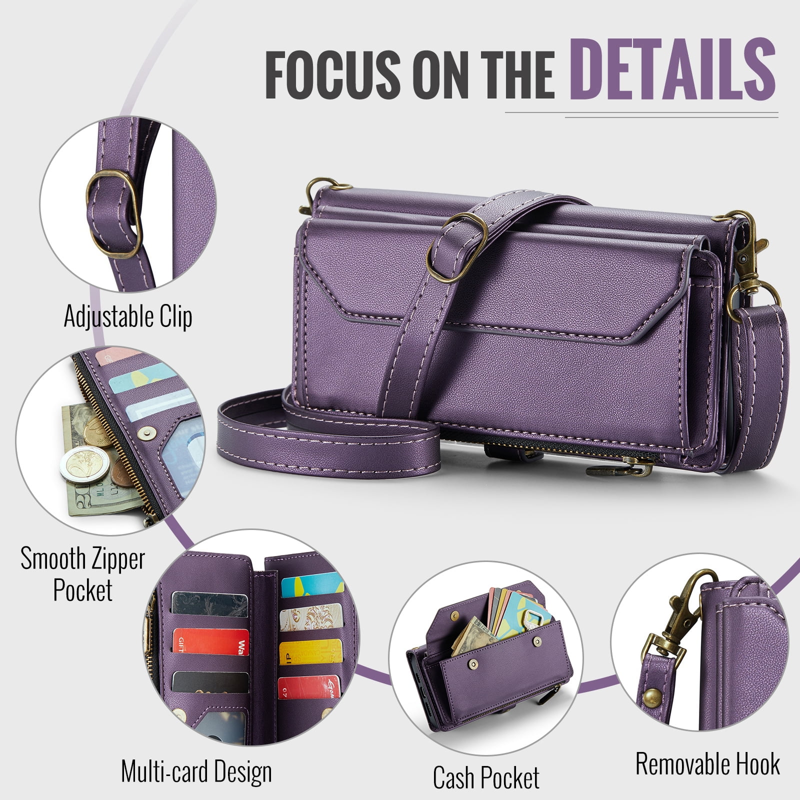 Compatible with iPhone 14 Pro Max 6.7 inch Zipper Wallet Phone Case Tempered Glass Screen Protector Crossbody Lanyard Strap Flip Card Holder Slot Cell Cover for iPhone14promax 5G i 14Max Women Purple