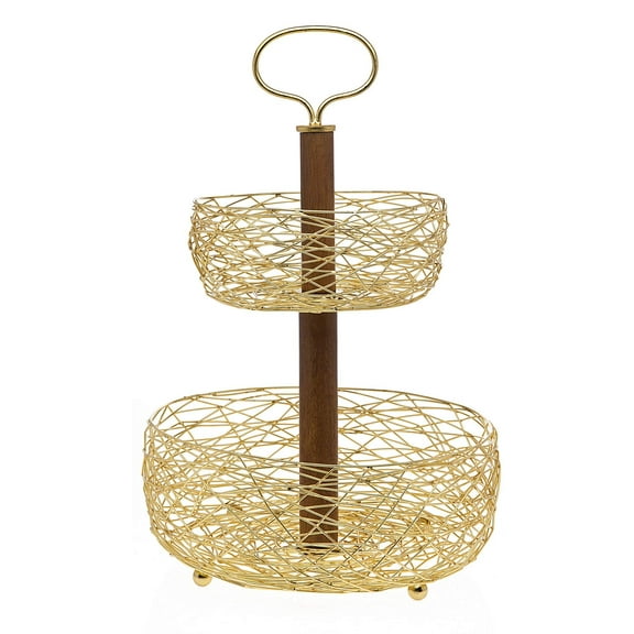 Godinger 2 Tier Nest Serving Tray Appetizer Platter Dessert Fruit Party Display with Wooden Stand and Gold