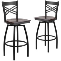 Flash Furniture 2 Pk. HERCULES Series Black ''X'' Back Swivel Metal Barstool - Walnut Wood Seat