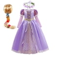 thumbnail image 3 of Vestido de princesa Rapunzel para niña, disfraz de Enredados para Halloween, regalos de fiesta de cumpleaños, ropa con lazo de malla y lentejuelas moradas, 3 of 5