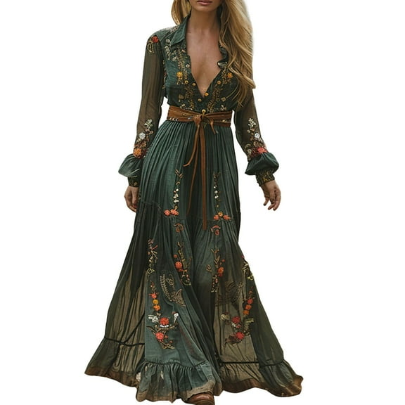 HSHMT Skirt Suit Set for Women Women's Vintage Flower Long Dress V Neck Long Sleeve Fall Casual Maxi Dress