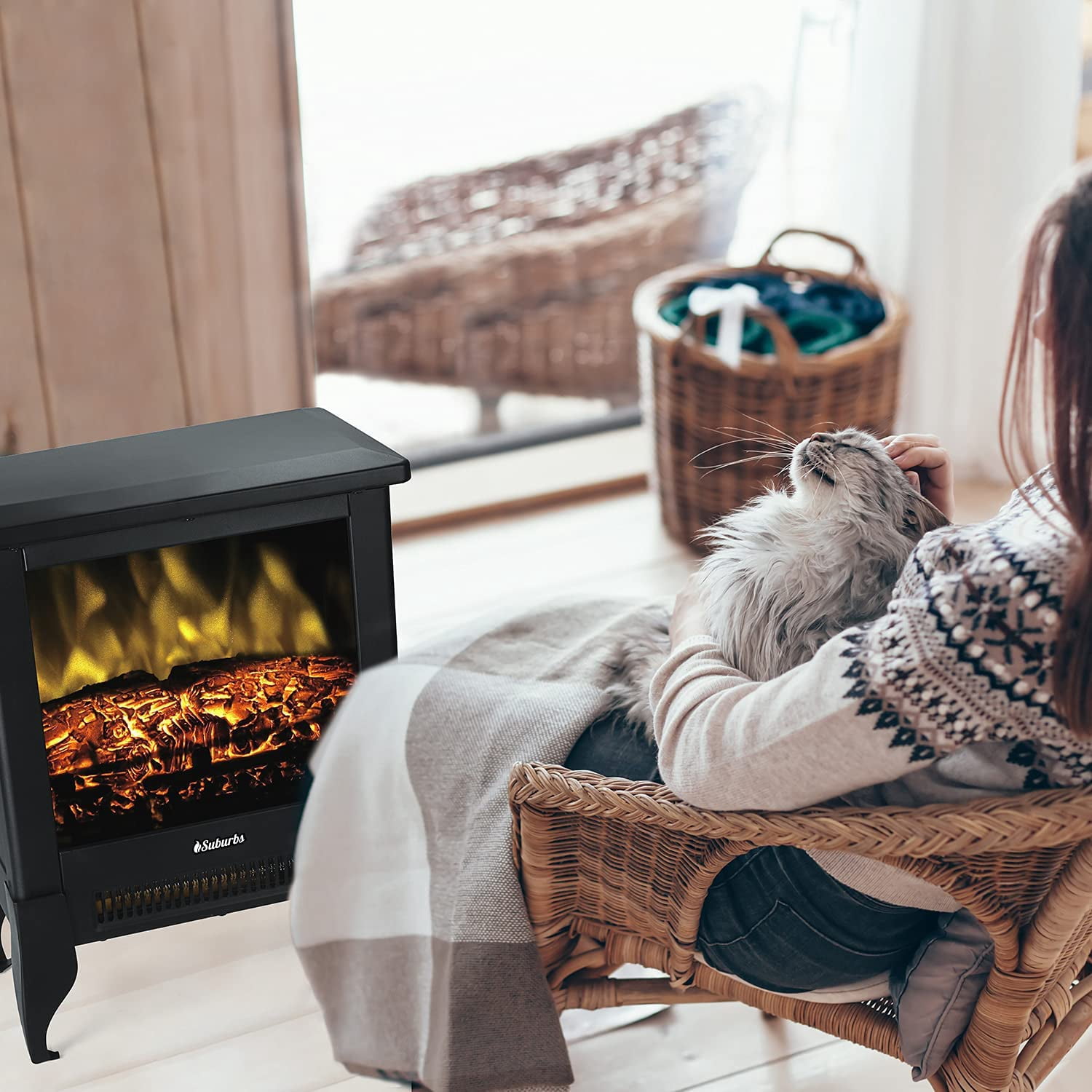 Turbro Suburbs TS17 Compact Electric Fireplace Stove, 18 Freestanding Stove, Realistic Flame, Overheating Safety Protection- 1400W