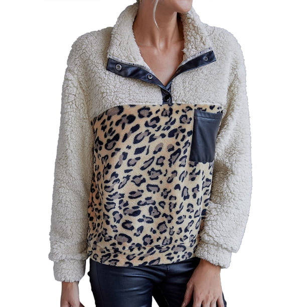 Moda mujer mullida sudadera con capucha leopardo empalme cuello alto manga larga botón bolsillo cáli Abanopi Pequeña