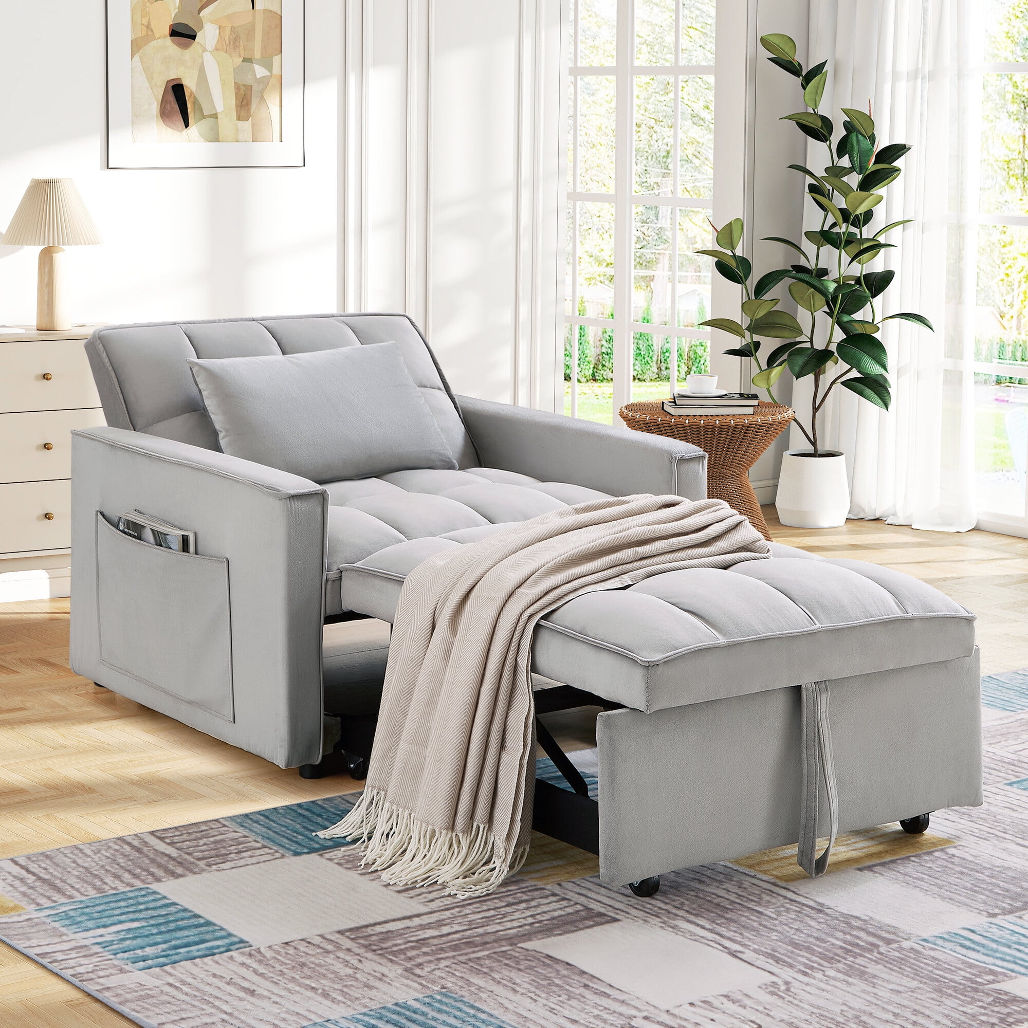 Lunale 4-in-1 Convertible Sleeper Sofa Chair Bed for Adult, Lounge Chair Indoor, Modern Single Couch for Living Room, Small Spaces, Gray Velvet