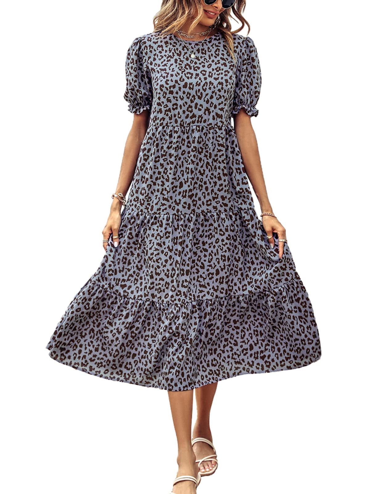 Women Floral Short Sleeve Summer Dress V Neck Daily Casual Maxi Beach Dress A-Li