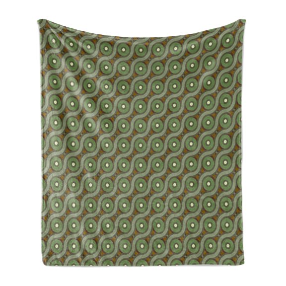 Geometric Soft Flannel Fleece Throw Blanket, Abstract Crisscrossing Wavy Linked Lines Circles Round Pixel Art, Cozy Plush for Indoor and Outdoor Use, 70" x 90", Fern Green Reseda, by Ambesonne