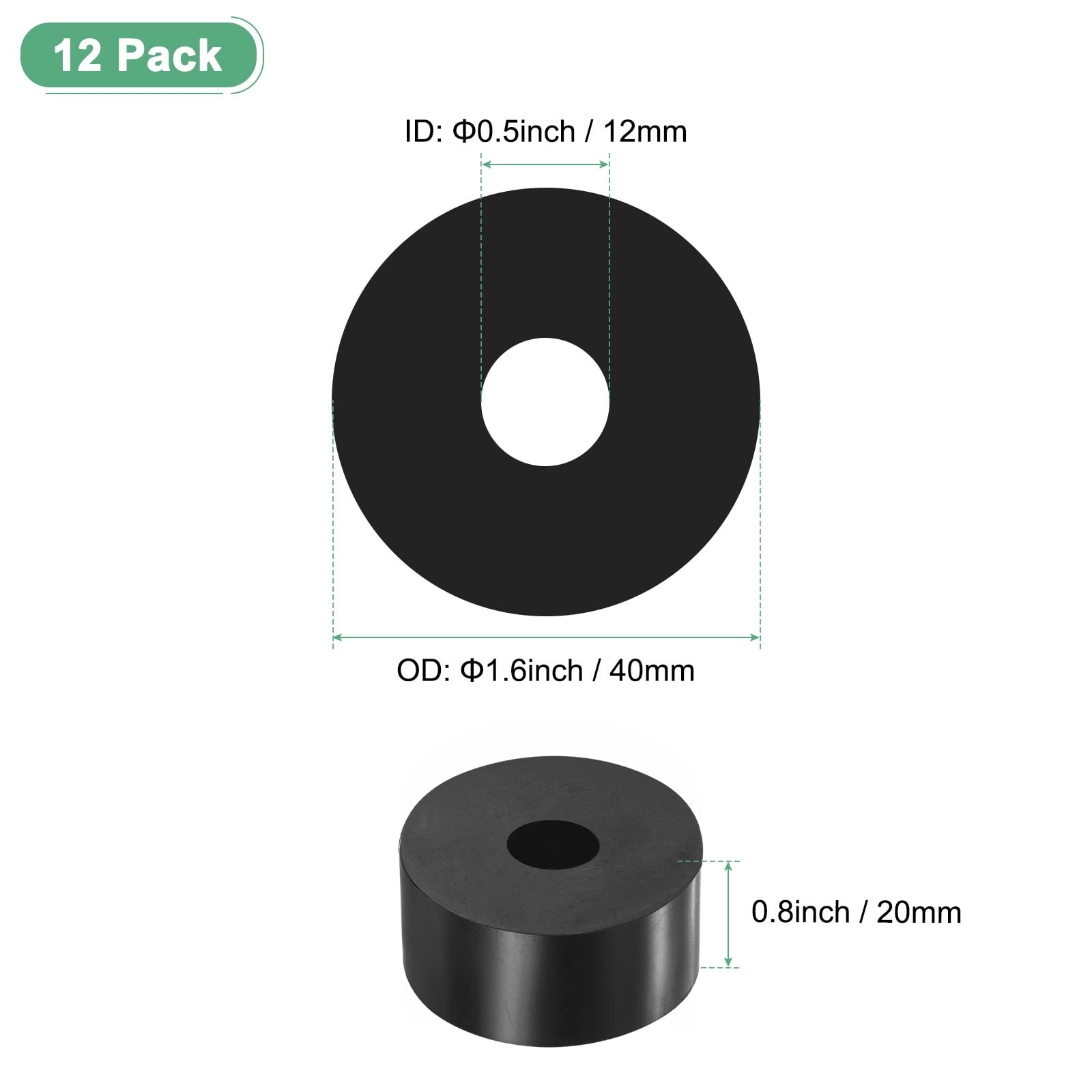 Uxcell 12-Pack Rubber Isolation Washers, 1.6" OD 0.5" ID 0.8" Thick for Home and Car Accessories, Black