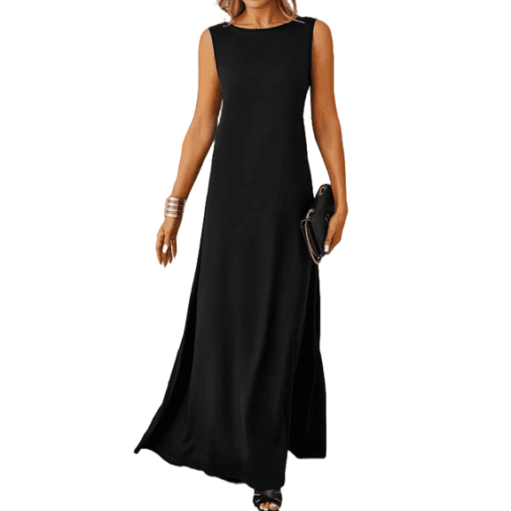 Mengpipi Womens Dresses Sleeveless Elegant Crew Neck A-Line Maxi Dresses S-XXL