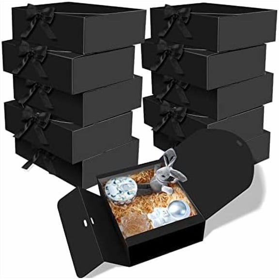 10 PCS Boxes with Lids, 10.6x7.8x3.1 Inch Kraft Paper, Black Gift Boxes with Ribbon, Bridesmaid Proposal Box for Wedding, Packaging, Present, Birthday, Cupcake Boxes