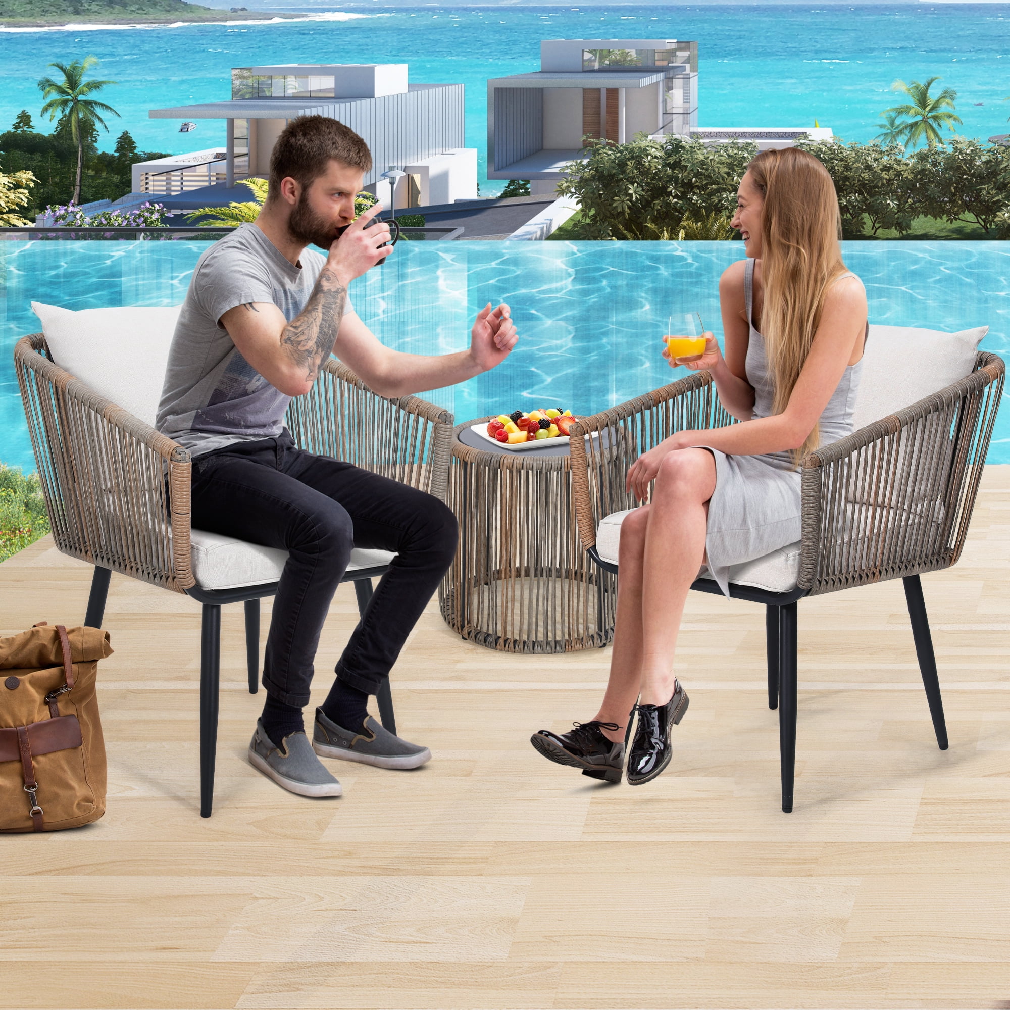 LOGYAT 3 Piece Patio Rattan Bistro Conversation Set, Outdoor All Weather Wicker Furniture Chair Set with Glass Tabletop for Balcony, Porch and Backyard, Beige