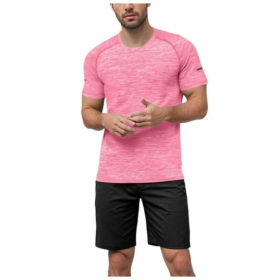 TANGQIOP Men T-Shirts Short Sleeve Color Cotton Athletic Quick Dry Running Fitness Crew Neck Solid Stretchable Loose Breathable Pink XL