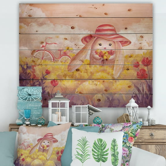 Designart 'Little Bunny With Yellow Flowers' Traditional Print on Natural Pine Wood