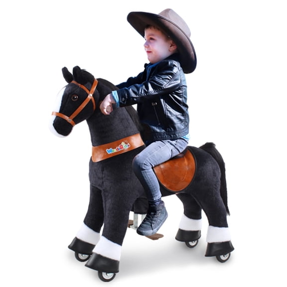 WondeRides Kids Ride on Horse Boys Toy Black Size 4 for Kids Age 4-9 (36 inch Height), Plush Walking Animal Mechanical Riding Horse Pony M447