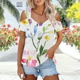 thumbnail image 5 of HomeDM Women's Cold Shoulder Shirts V Neck Short Sleeve T-Shirts Casual Loose Fit Floral Hollow Out Casual Tee Shirts S-2XL, 5 of 7