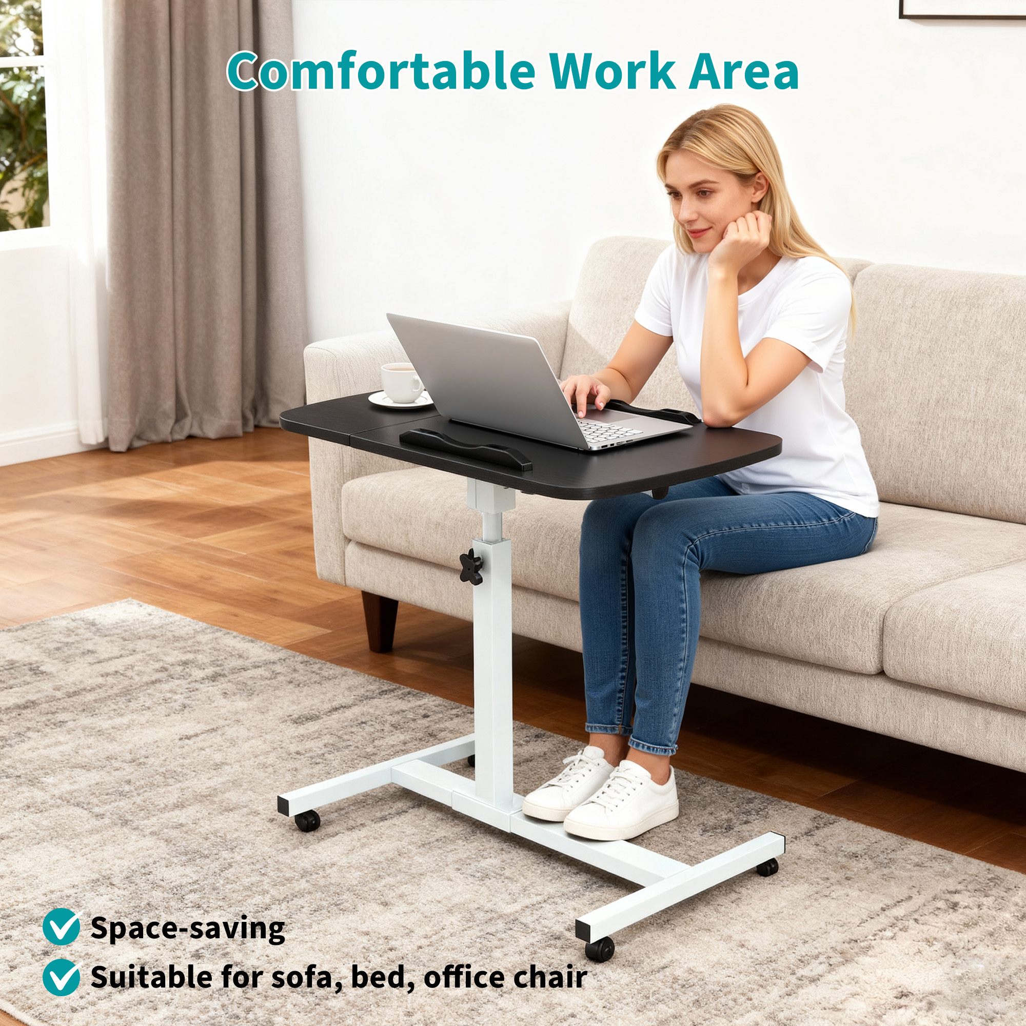 Furnibear Small Mobile Standing Desk, Height Adjustable Table with Wheels, Rolling Desk with Rotatable Tilting Desktop, for Home Black