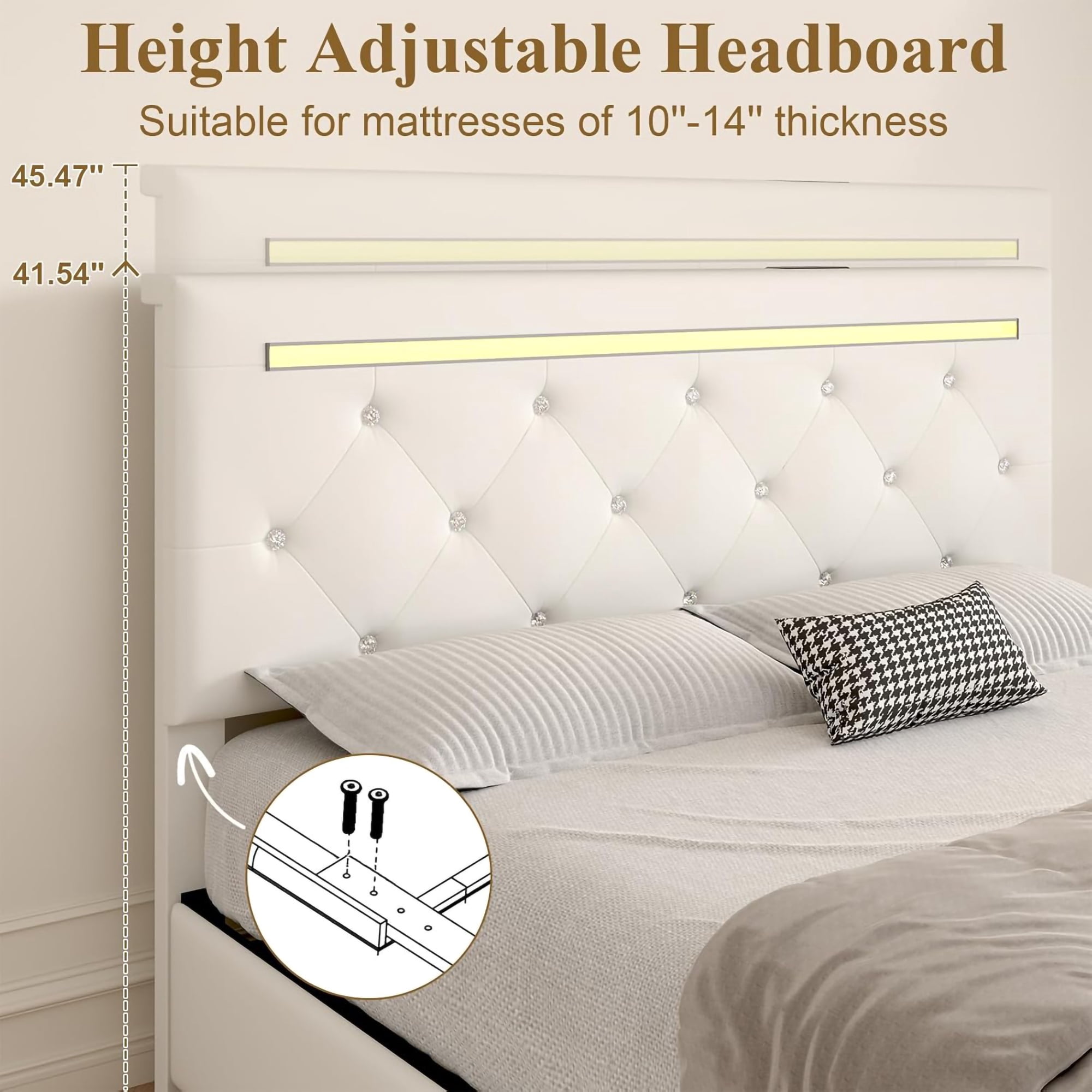 UHOMEPRO Full Size Bed Frame with Storage Drawers and LED, Upholstered Bed with Charging Station, Adjustable Headboard, Faux Leather Diamond Tufted, No Box Spring Needed, White