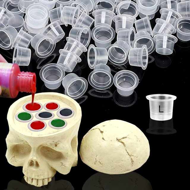 Portavasos de tinta para tatuajes Anghie Hard Skull de resina con 100 tapas de tinta