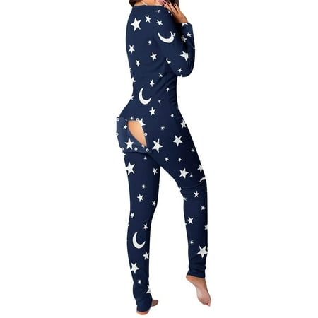 

Women s Sexy Butt Button Back Flap Jumpsuit V Neck Long Sleeve Romper Bodycon Christmas Pajamas Onesies