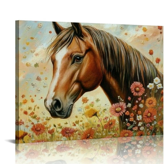 ZFLMY Horse Flowers Field Canvas Prints Wall Art Modern Decor Ready To Hang - Home Living Room Bedroom Office Hotel Decorations 16x12in