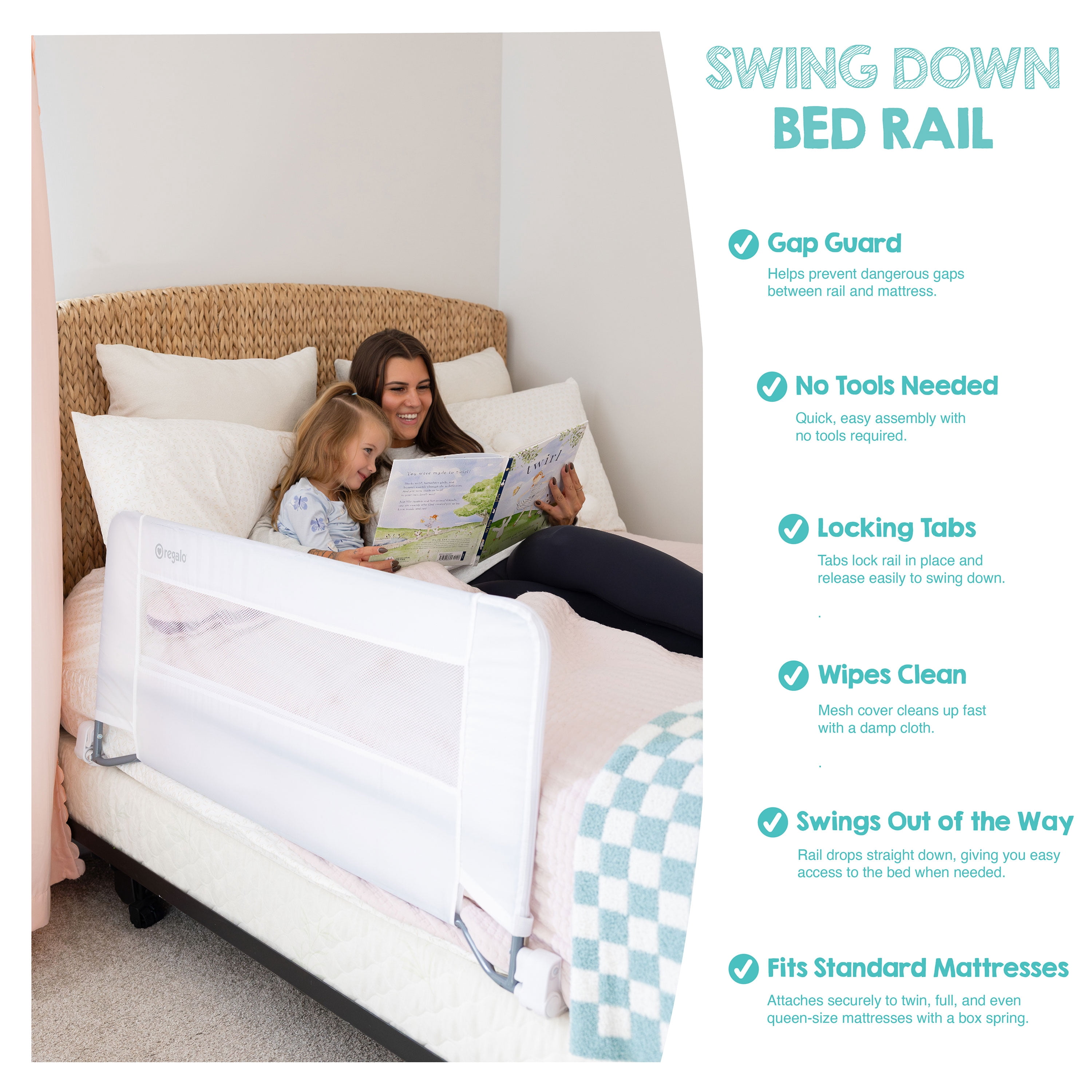 Regalo Swing Down Bed Rail Guard with Reinforced Anchor Safety System, Metal Frame, 43" Long, Fits Twin to Queen Beds