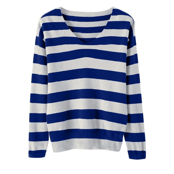 Fznquz Women's Sweaters Long Sleeve V Neck Striped Sweater Cotton Lightweight Knit Soft Blue Women Tops